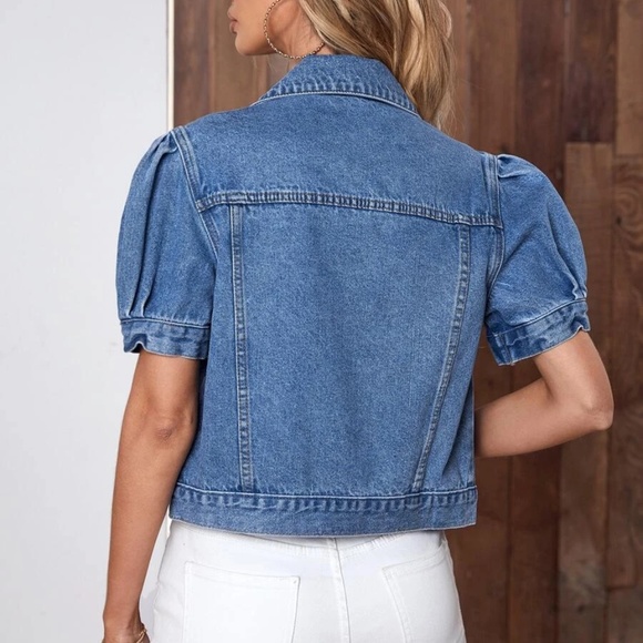 Medium Wash Puff Sleeve Button up Denim Jean Jacket - Picture 7 of 9